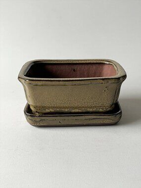 Vtg Ceramic Bonsai Planter w/ Matching Drip Tray Rectangular Crackle Glaze 5"
